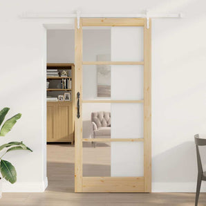 Ușă glisantă 93 x 211 cm Lemn masiv de pin și sticlă natural