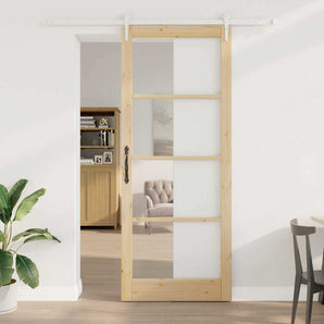 Ușă glisantă 93 x 232 cm Lemn masiv de pin și sticlă natural