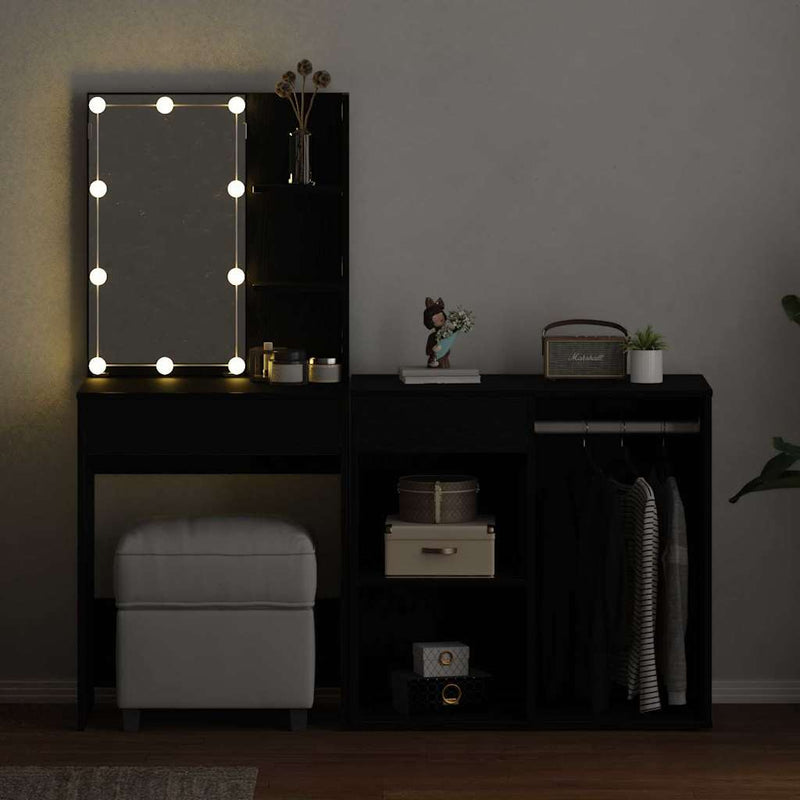 Set masă de machiaj cu LED Stejar Negru 140 x 40 x 140 cm
