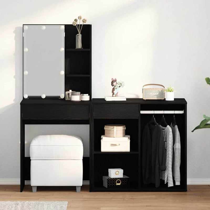 Set masă de machiaj cu LED Stejar Negru 140 x 40 x 140 cm