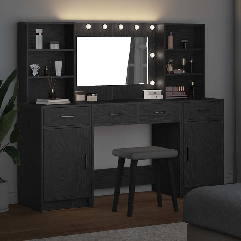 Set masă de toaletă cu LED 3 buc. Stejar Negru Lemn prelucrat