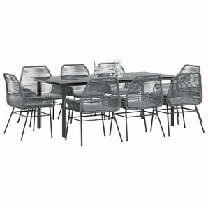 Set de sufragerie de grădină de 9 piese sticlă poliratan gri