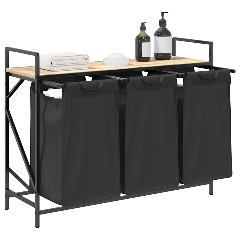 Coș de rufe 3 compartimente cu raft stejar sonoma