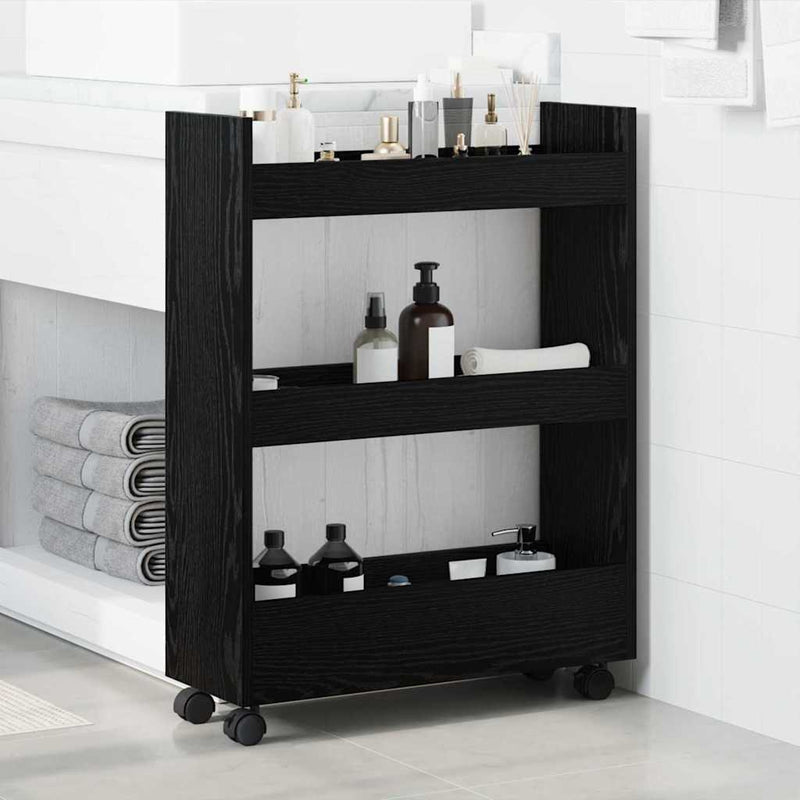 Trolley pentru Depozitare Îngust Stejar Negru 60 x 22 x 80 cm