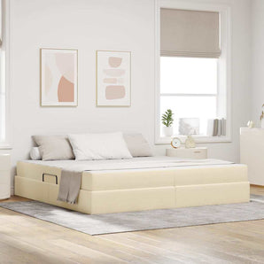Pat cu saltea și spațiu de depozitare Crem 200 x 200 cm