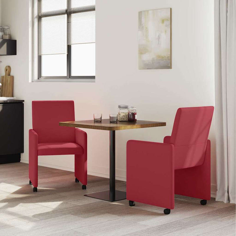 Scaune de dining cu roți 2 buc. Piele artificială bordo