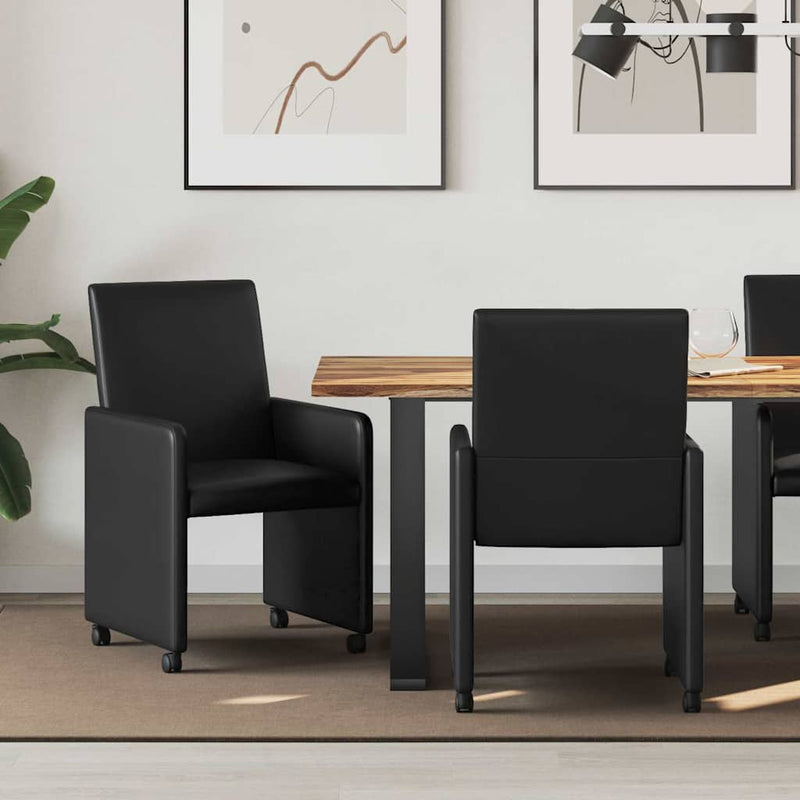 Scaune de dining cu roți 2 buc. Piele artificială Negru