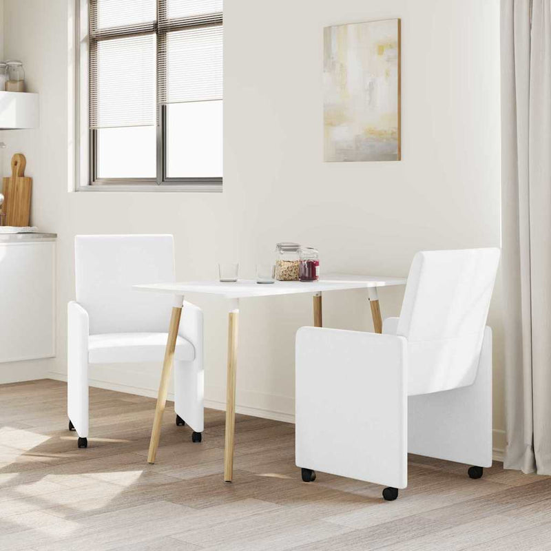 Scaune de dining cu roți 2 buc. Piele artificială Alb