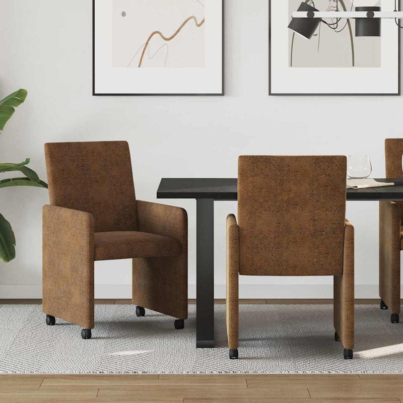 Scaune de dining cu roți 2 buc. Piele ecologică de suede Maro