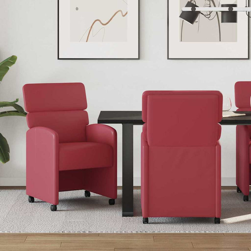 Scaune de dining cu roți 2 buc. Piele artificială bordo