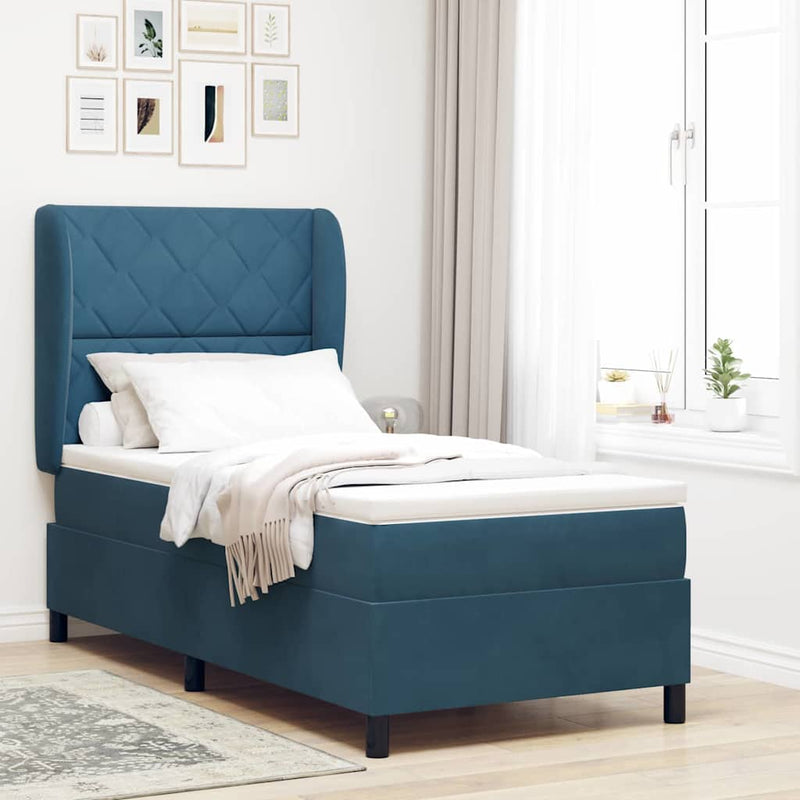 Pat cu arcuri cu headboard Albastru închis 190 x 90 cm Catifea