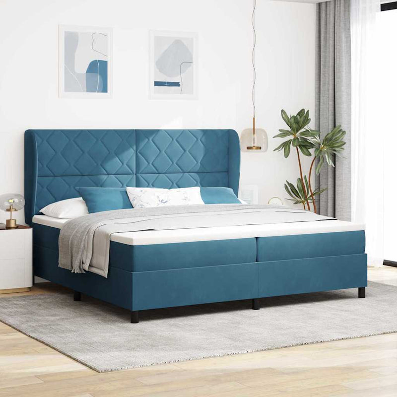 Pat cu arcuri cu headboard Albastru închis 200 x 200 cm Catifea