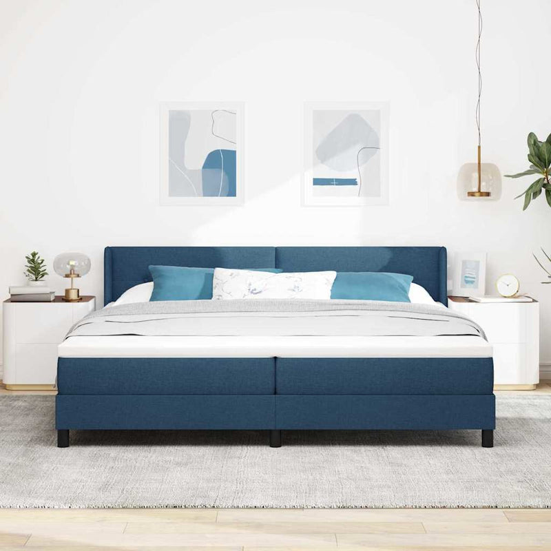 Pat cu arcuri cu headboard albastru 200 x 200 cm țesătură
