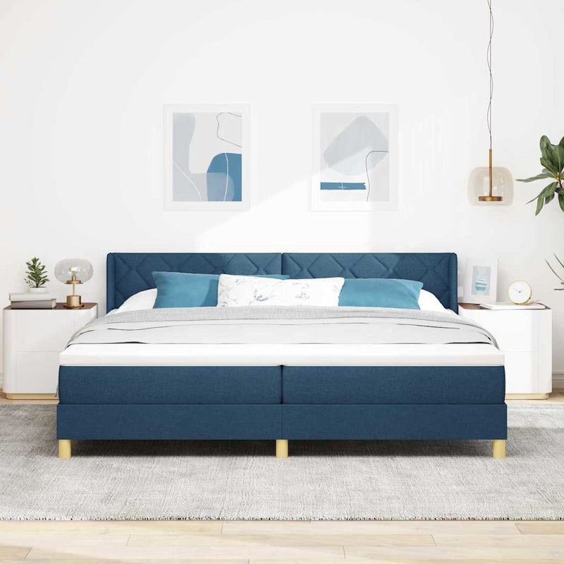 Pat cu arcuri cu headboard albastru 200 x 200 cm țesătură