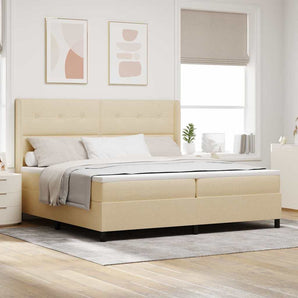 Pat cu arcuri cu pernă cu headboard Crem 200 x 200 cm țesătură