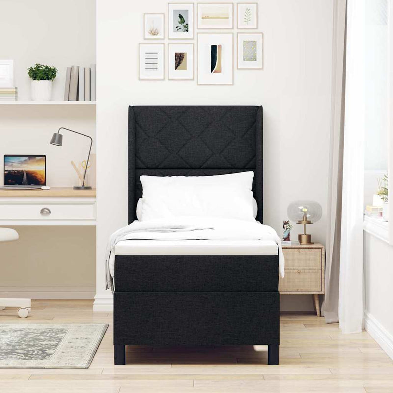Pat cu arcuri cu pernă cu headboard Negru 190 x 90 cm țesătură