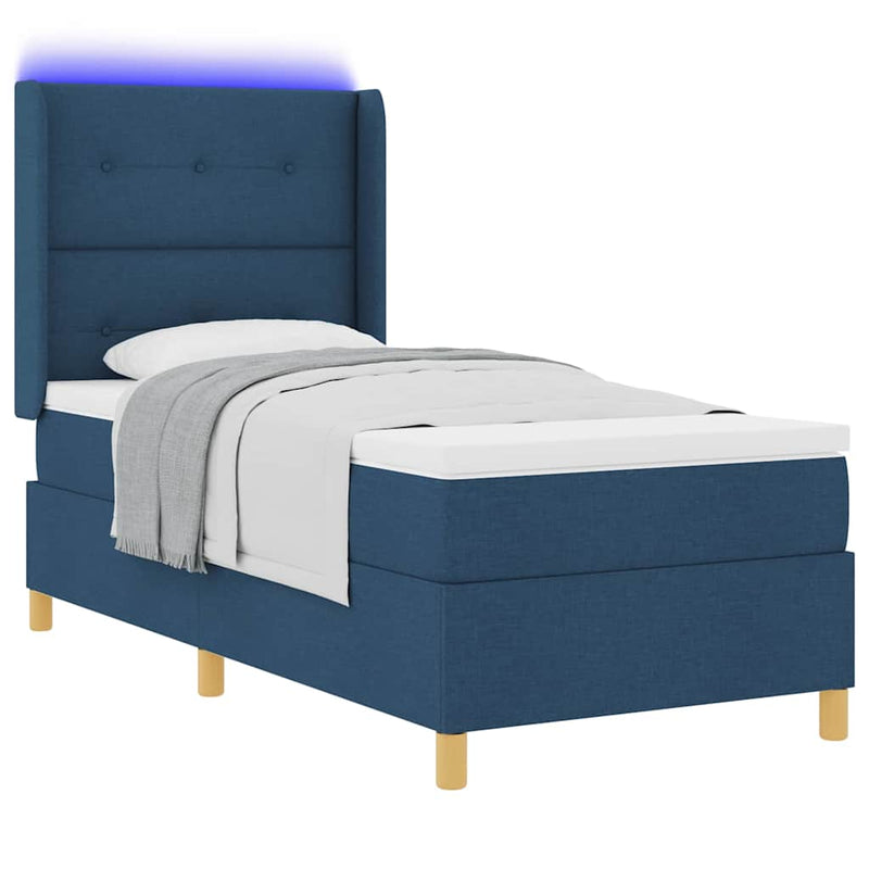 Pat cu arcuri cu headboard albastru 90 x 190 cm țesătură
