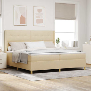 Pat cu arcuri cu headboard Crem 200 x 200 cm țesătură