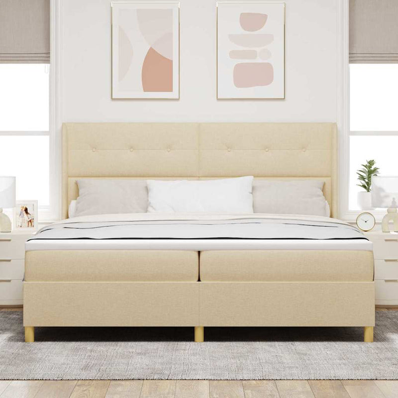 Pat cu arcuri cu headboard Crem 200 x 200 cm țesătură