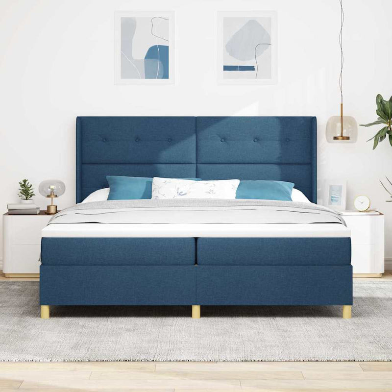 Pat cu arcuri cu headboard albastru 200 x 200 cm țesătură