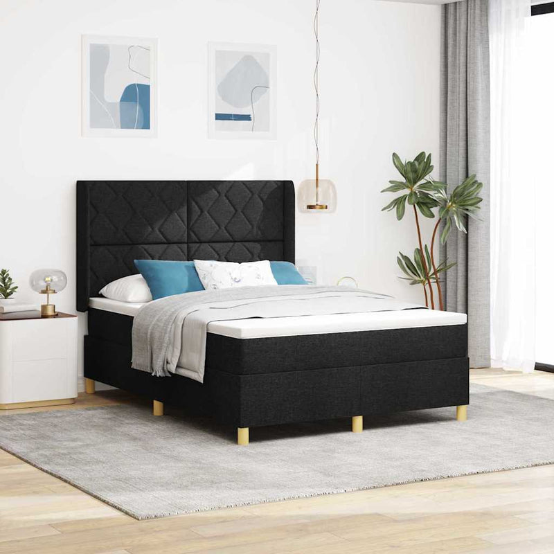 Pat cu arcuri cu headboard Negru 140 x 200 cm țesătură