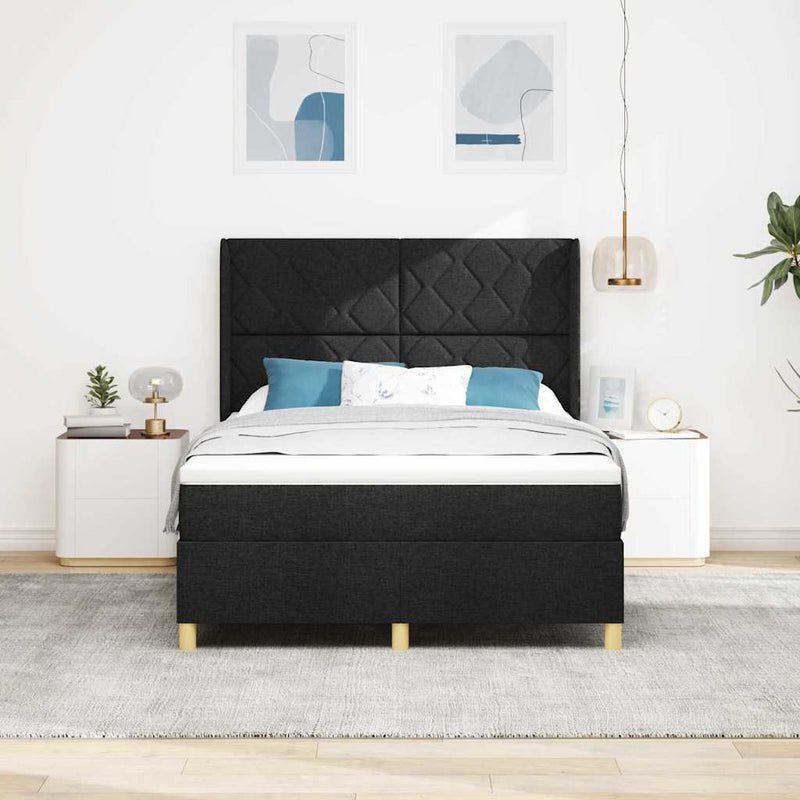 Pat cu arcuri cu headboard Negru 140 x 200 cm țesătură