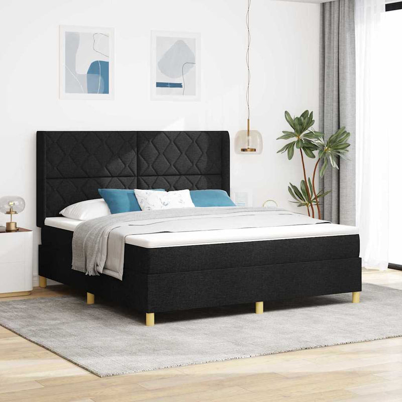 Pat cu arcuri cu headboard Negru 180 x 200 cm țesătură