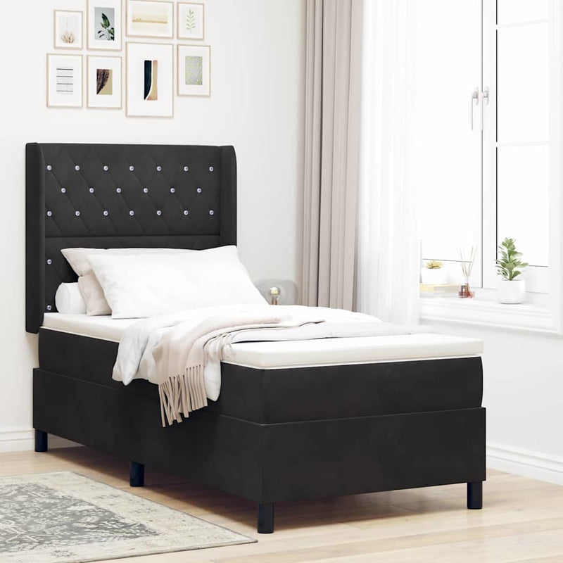 Pat cu arcuri cu saltea cu headboard Negru 90 x 200 cm Catifea
