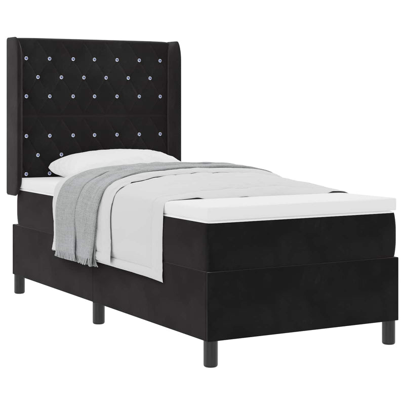 Pat cu arcuri cu saltea cu headboard Negru 90 x 200 cm Catifea