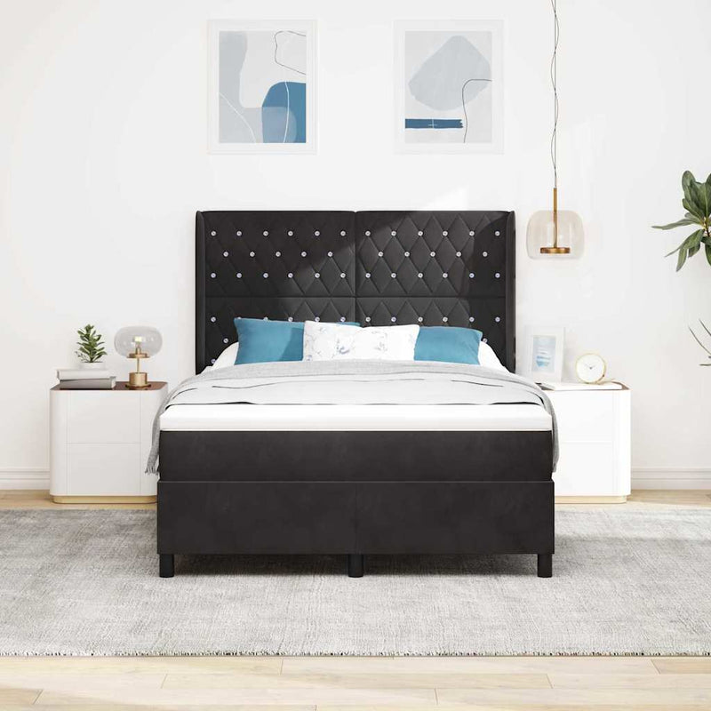 Pat cu arcuri cu saltea cu headboard Negru 140 x 200 cm Catifea