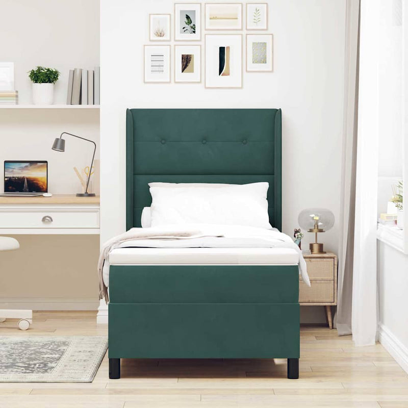 Pat cu arcuri cu headboard Verde închis 90 x 190 cm Catifea