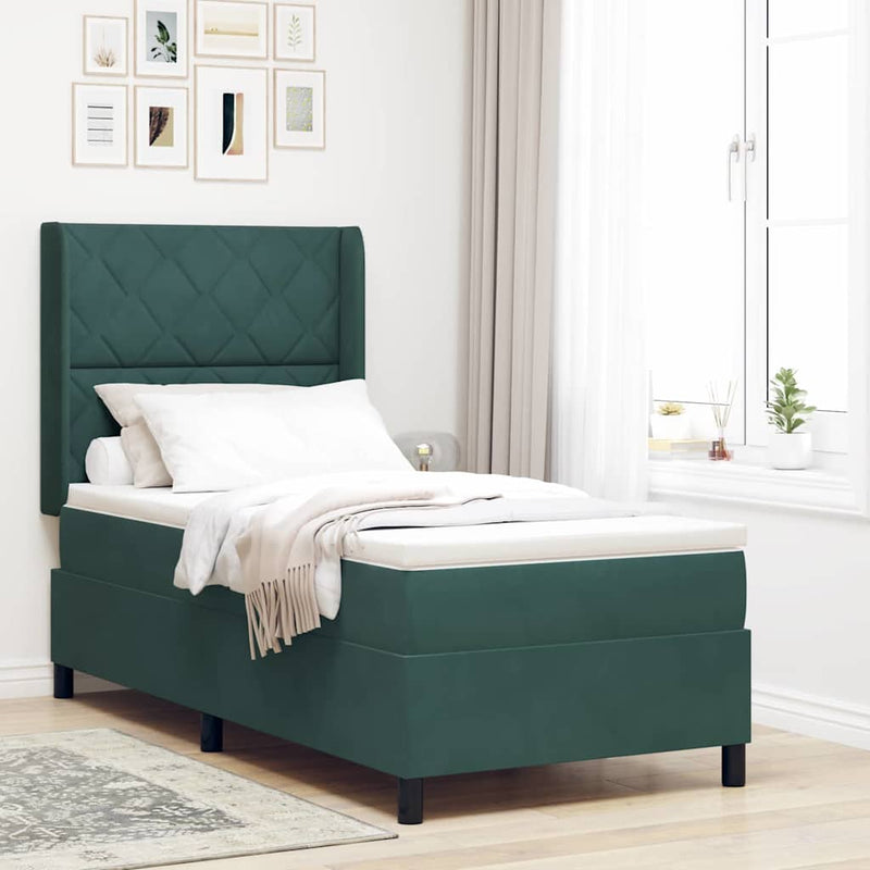 Pat cu arcuri cu headboard Verde închis 100 x 200 cm Catifea