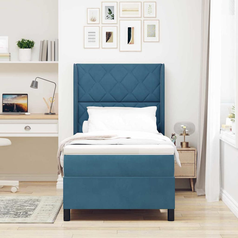 Pat cu arcuri cu headboard albastru 100 x 200 cm Catifea