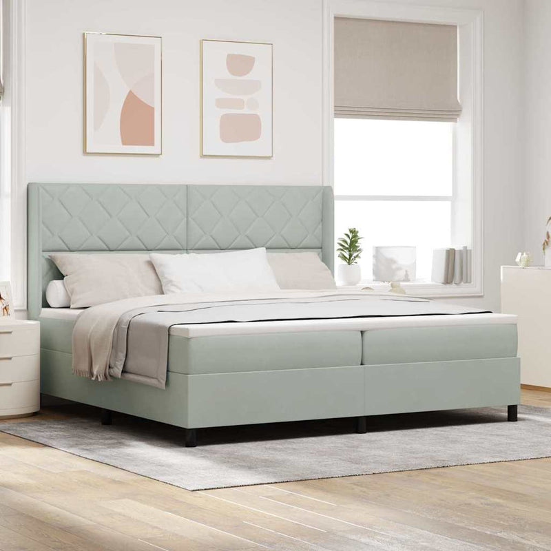 Pat cu arcuri cu headboard Gri deschis 200 x 200 cm Catifea