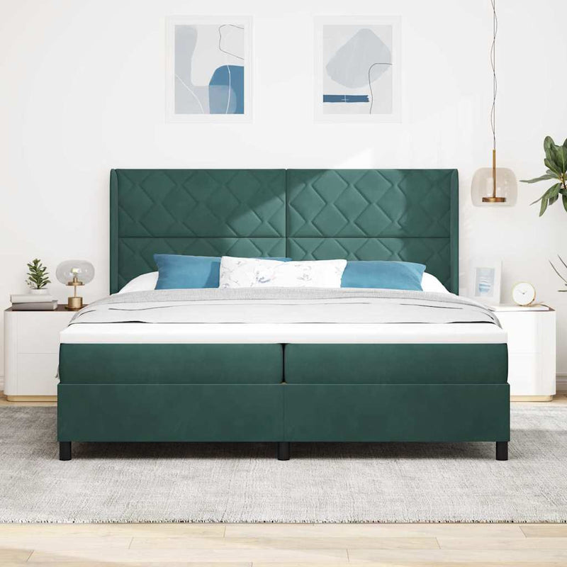 Pat cu arcuri cu headboard Verde închis 200 x 200 cm Catifea