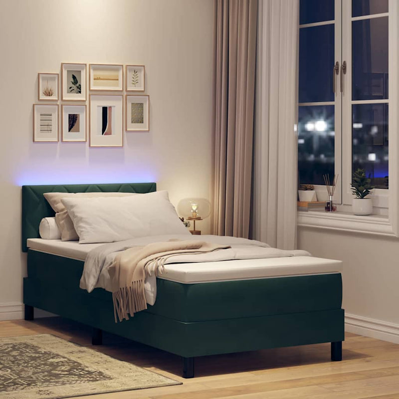 Pat cu arc LED cu headboard Verde închis 90 x 200 cm Catifea