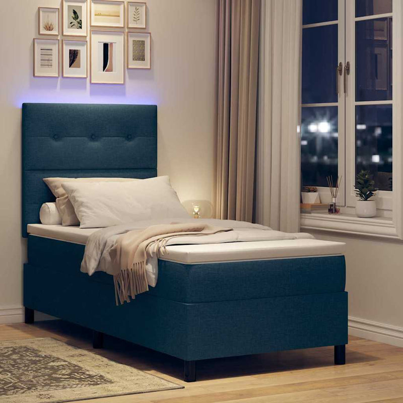 Pat cu arcuri cu benzi LED albastru 90 x 200 cm țesătură