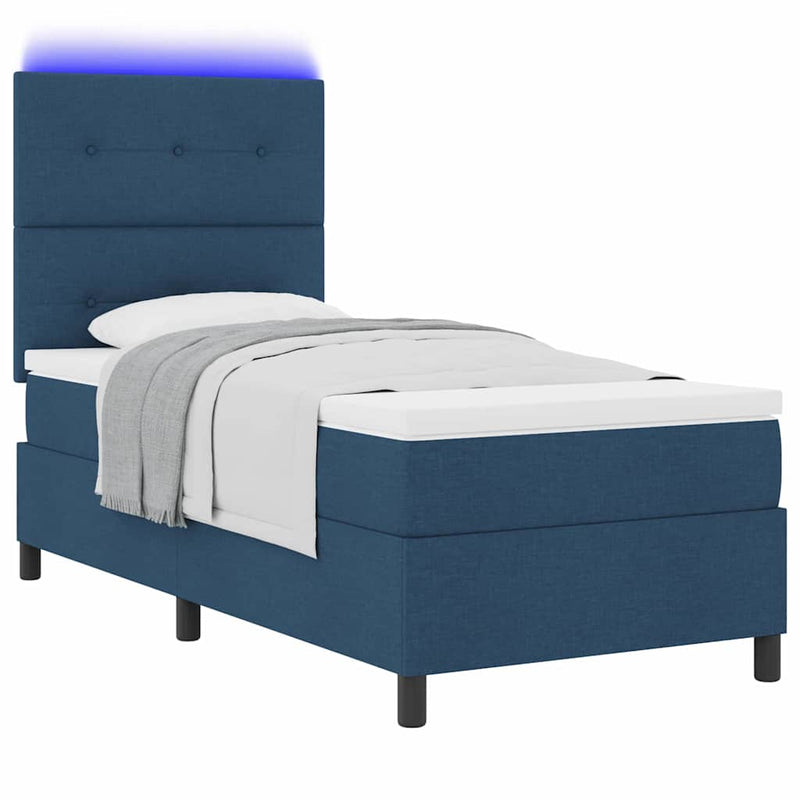 Pat cu arcuri cu benzi LED albastru 90 x 200 cm țesătură