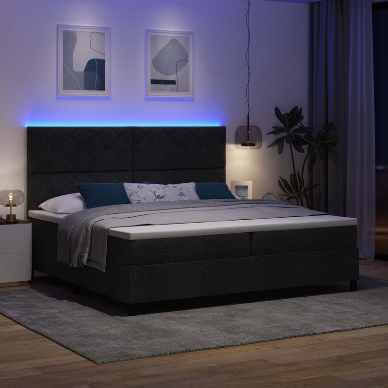 Pat cu arcuri cu saltea cu led Negru 200 x 200 cm țesătură