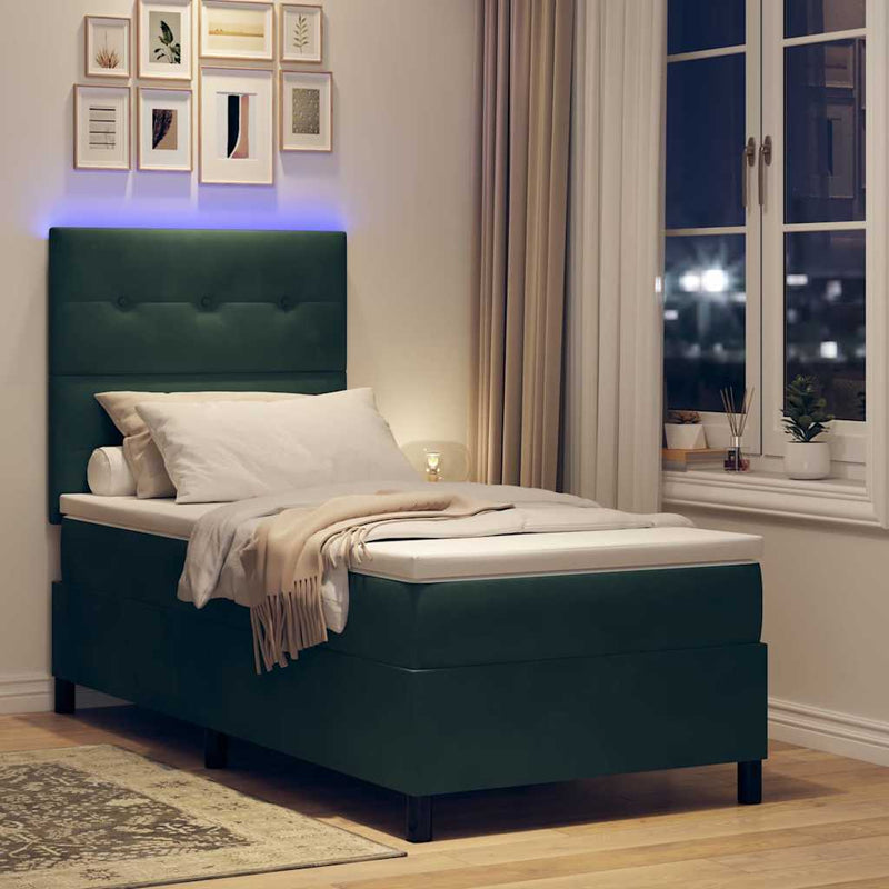 Pat cu arc LED cu headboard Verde închis 90 x 200 cm Catifea