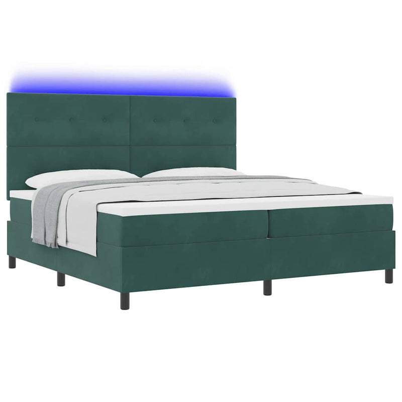 Pat cu arc LED cu headboard Verde închis 200 x 200 cm Catifea