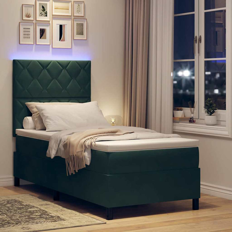 Pat cu arc LED cu headboard Verde închis 90 x 190 cm Catifea