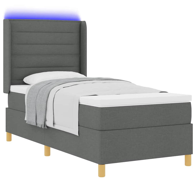 Pat cu arcuri cu pernă cu benzi LED Gri 90 x 200 cm țesătură