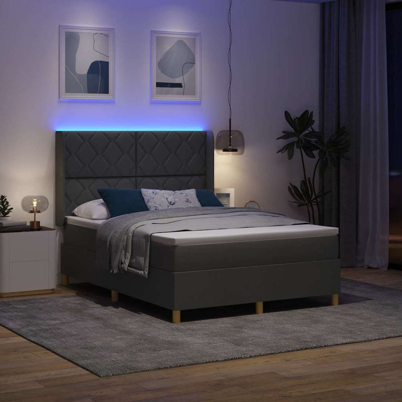 Pat cu arcuri cu benzi LED Gri 140 x 200 cm țesătură