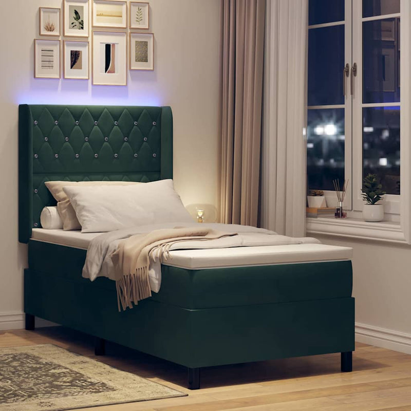 Pat cu arcuri cu saltea cu led Verde închis 90 x 190 cm Catifea