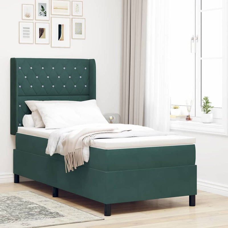 Pat cu arcuri cu saltea cu led Verde închis 90 x 190 cm Catifea