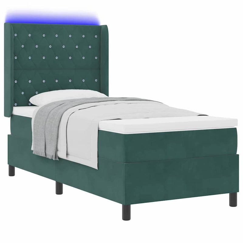 Pat cu arcuri cu saltea cu led Verde închis 90 x 190 cm Catifea