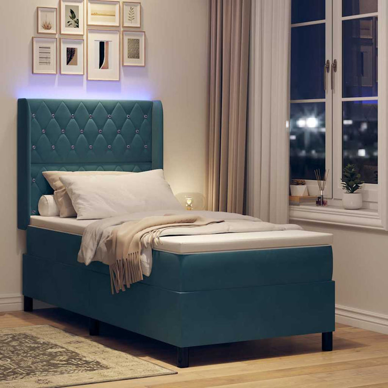 Pat cu arcuri cu saltea cu led albastru 90 x 190 cm Catifea