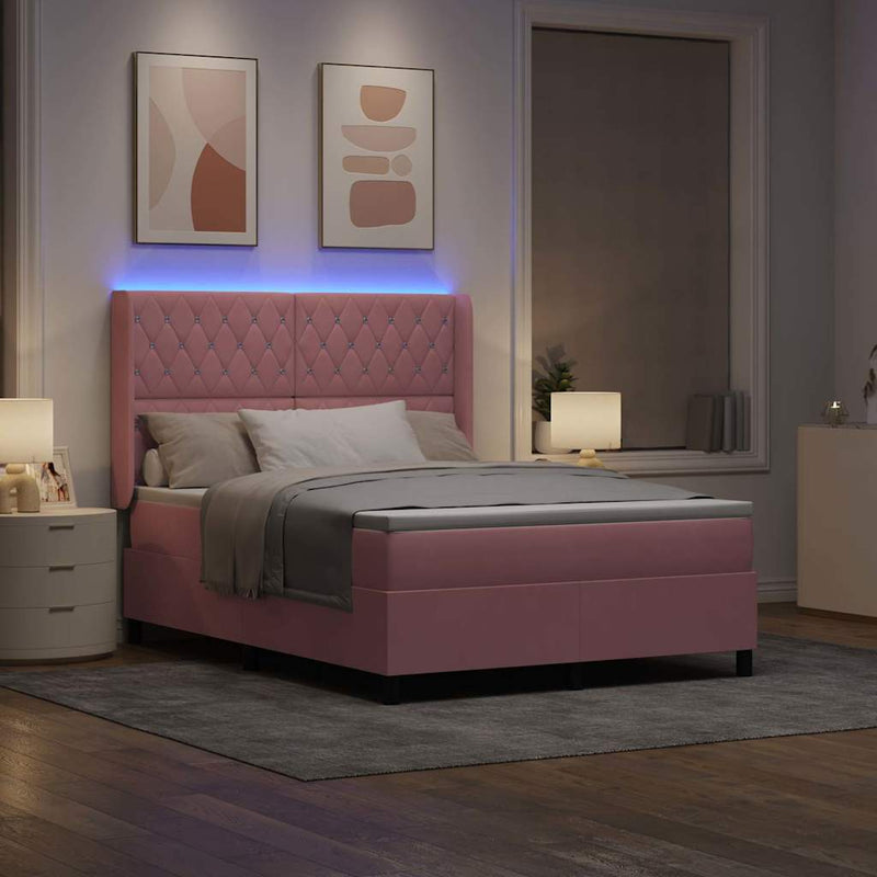 Pat cu arcuri cu benzi LED Roz 140 x 190 cm Catifea