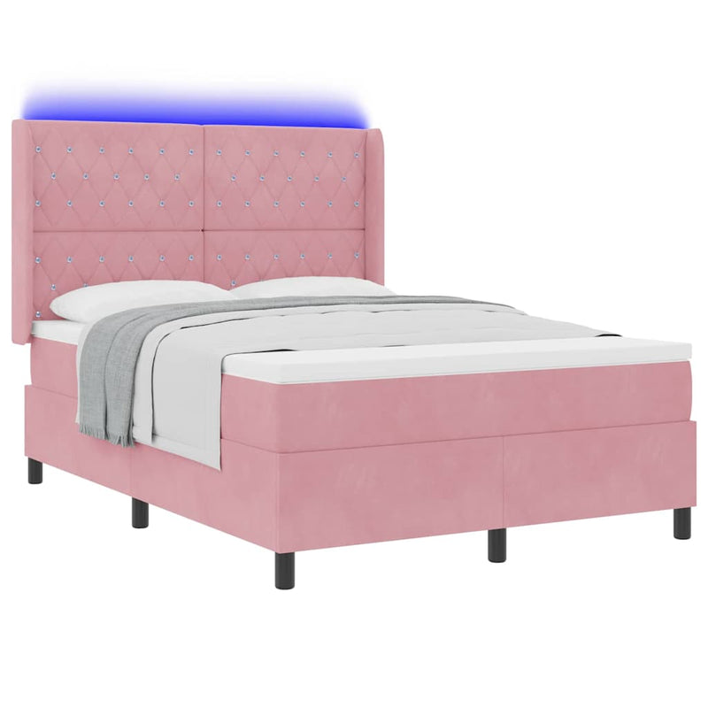 Pat cu arcuri cu benzi LED Roz 140 x 190 cm Catifea